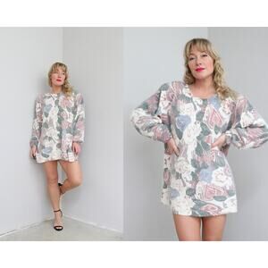1990's Vintage Silk & Angora Floral Sweater or Mini Dress ~ Women's MD to XXL